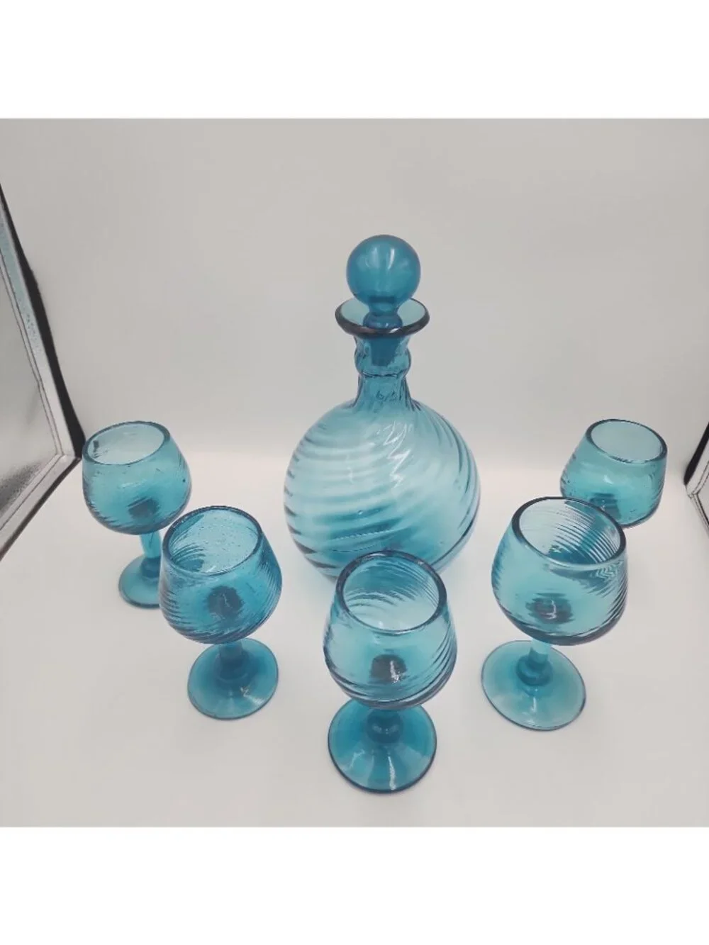 DECANTER SET Handblown Torquise Blue Glass 5 Stemmed Glasses 1970s
